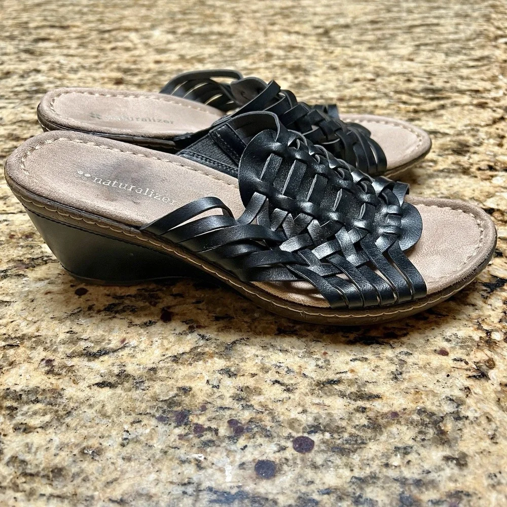 Naturalizer Black‎ Leather Woven Wedge Sandals Slides Comfortable Shoes - Picture 2 of 7